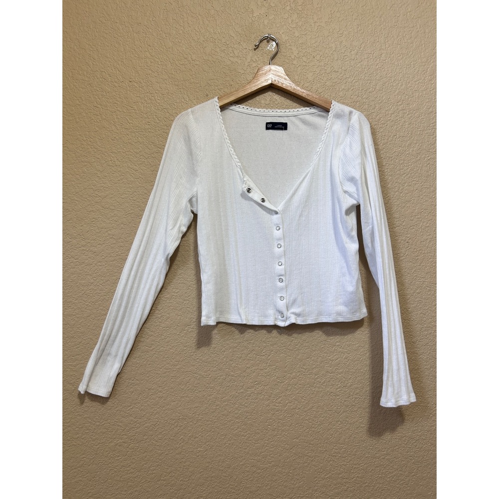 Gap Large Pointelle Ribbed Cardigan White Lace Trim Button Front Long Sleeve Top